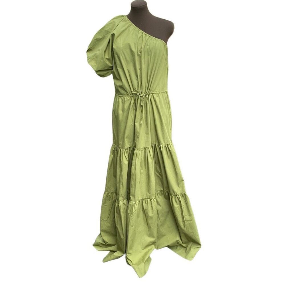 SWF Anthropologie puff sleeve one shoulder maxi dress olive green agave size med